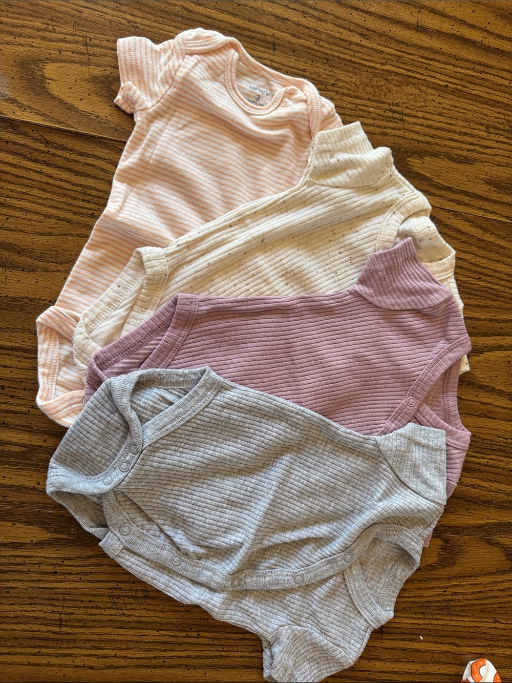 0-3m Gender Neutral Baby Bodysuit Set - Orange, Cream, Mauve, Gray.